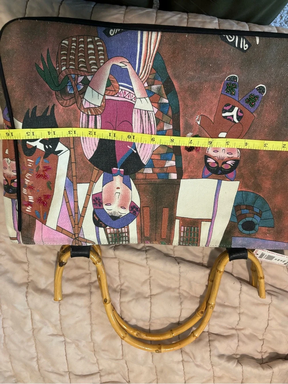 NWT Vintage 90s Chico's Multi-Color Artist Print Tote Bamboo Handle Boho